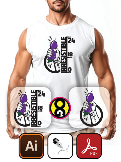 Design vectoriel "IRRÉSISTIBLE" en AI, PDF et SVG, modifiable et prêt pour impression en vinyle textile, DTF ou sublimation. Idéal pour personnaliser T-shirts, accessoires et créer des projets uniques avec un style audacieux et créatif.