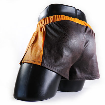 A - MINI - SHORT EN SEMI-CUIR – MARRON ET JAUNE