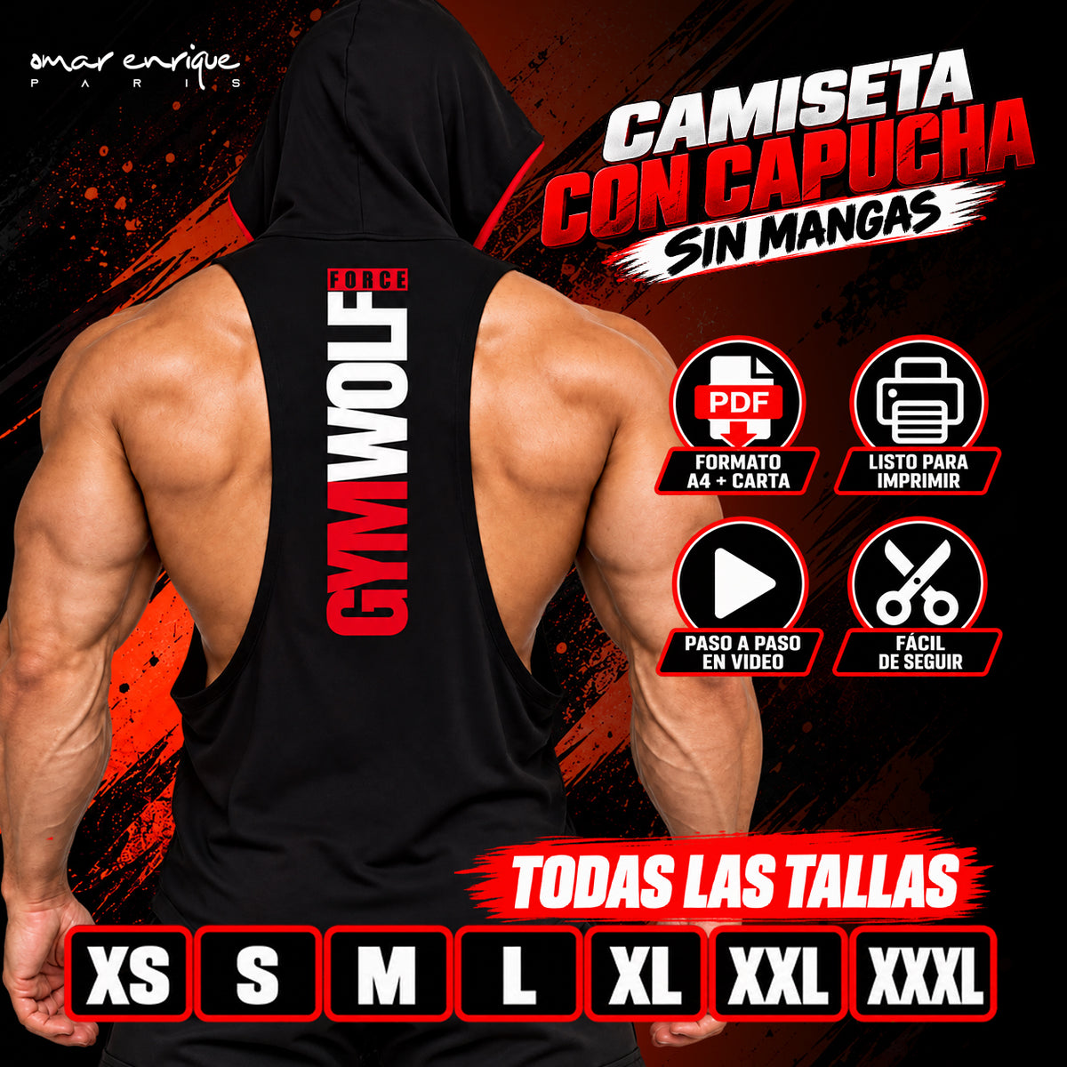Camiseta fitness sin mangas con capucha | Patrón PDF todas las tallas + Diseño Halloween