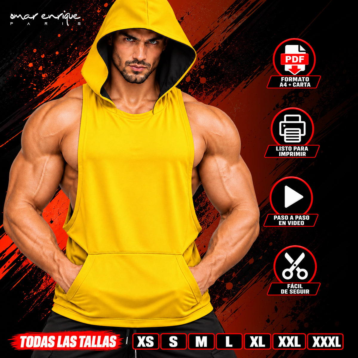 Camiseta fitness sin mangas con capucha | Patrón PDF todas las tallas + Diseño Halloween