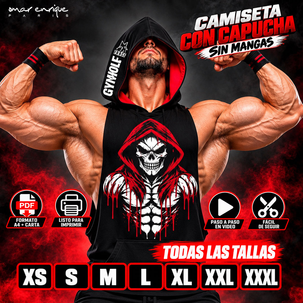 Camiseta fitness sin mangas con capucha | Patrón PDF todas las tallas + Diseño Halloween