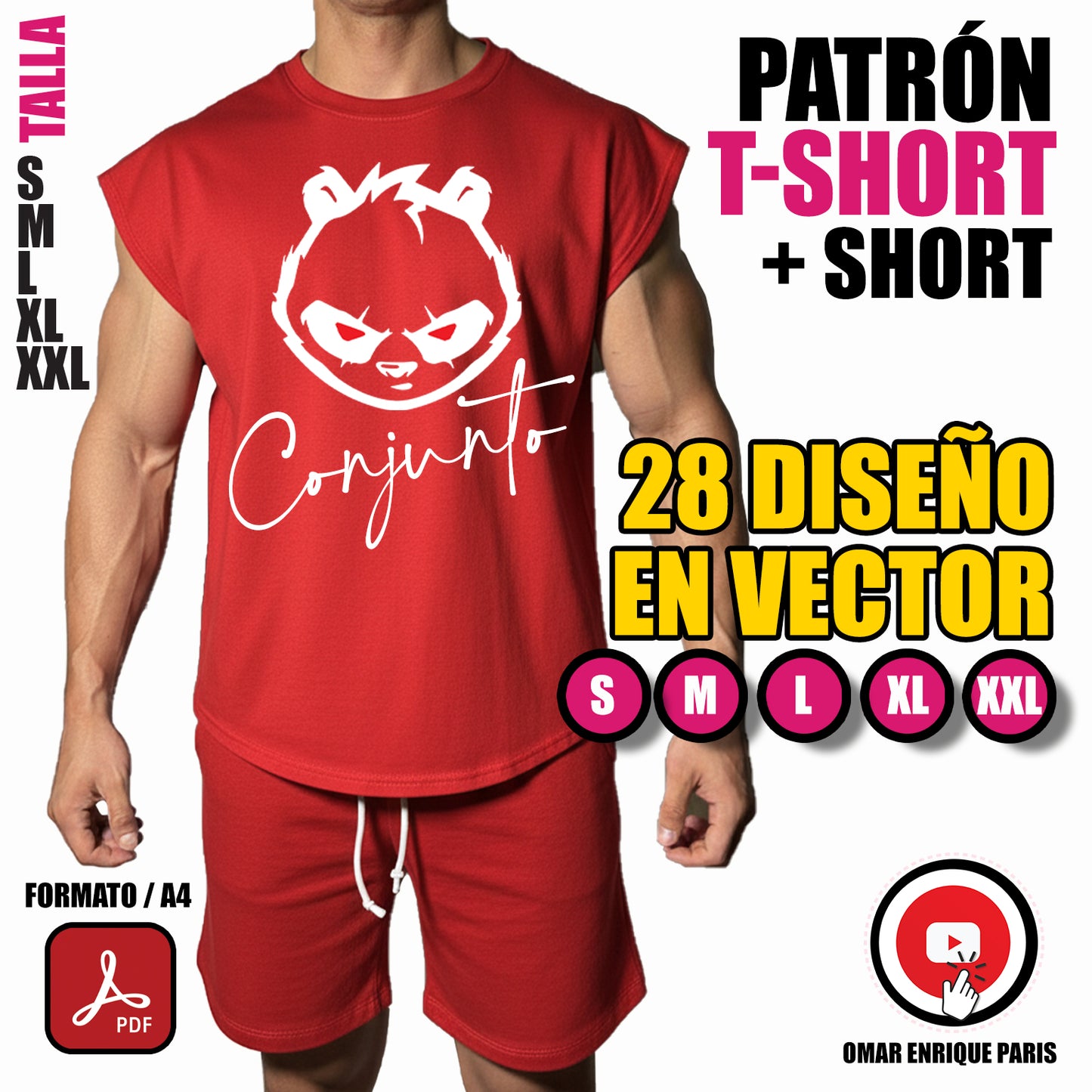 Patrón Conjunto Deportivo – T-Shirt Sin Manga + Short + 28 Diseños en Vector PDF Descargable (Tallas S a XXL)
