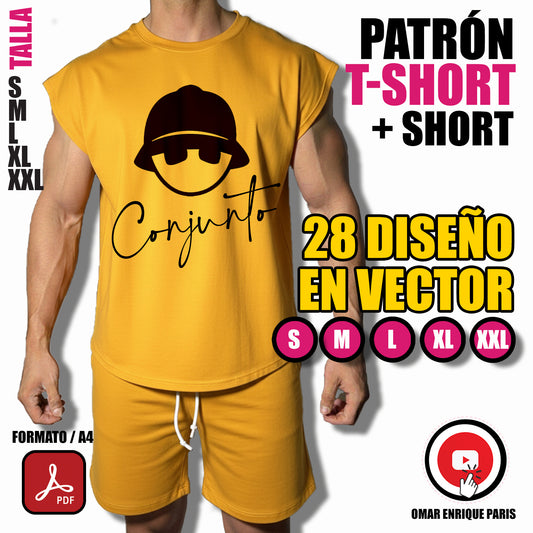Patrón Conjunto Deportivo – T-Shirt Sin Manga + Short + 28 Diseños en Vector PDF Descargable (Tallas S a XXL)