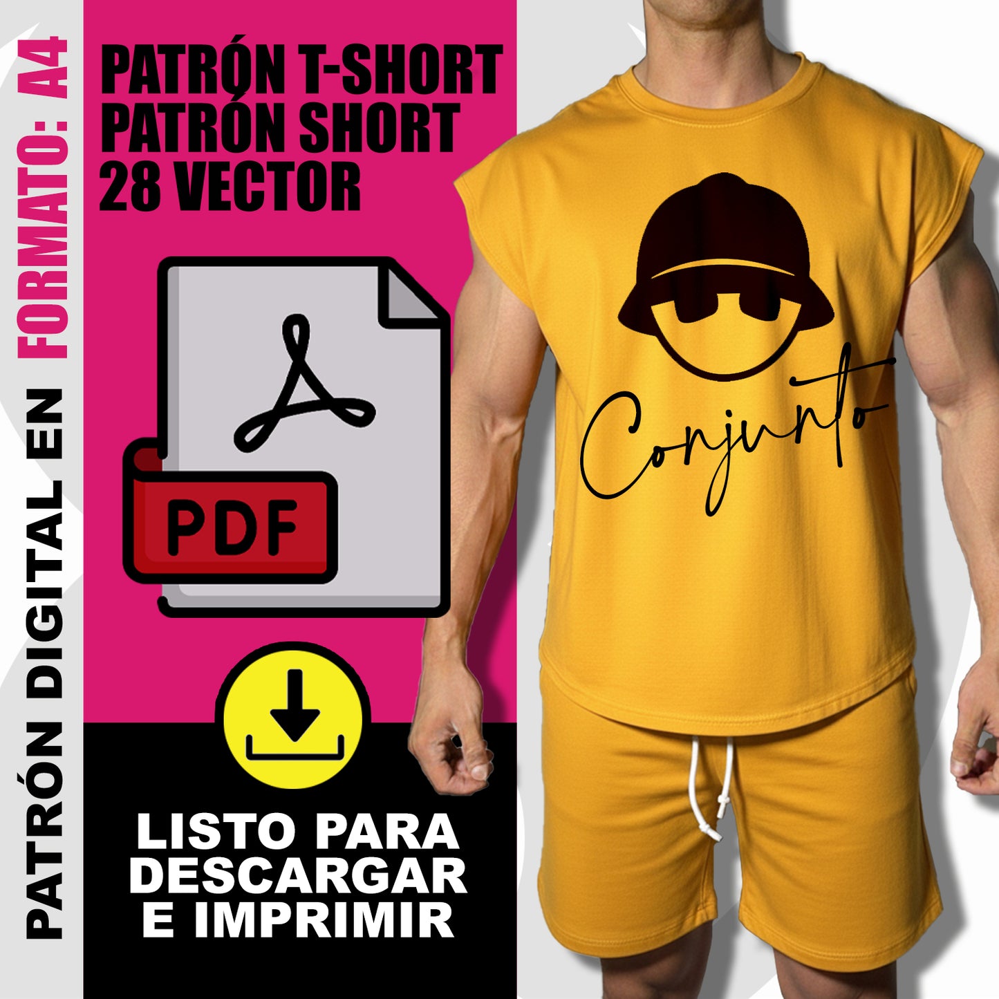 Patrón Conjunto Deportivo – T-Shirt Sin Manga + Short + 28 Diseños en Vector PDF Descargable (Tallas S a XXL)