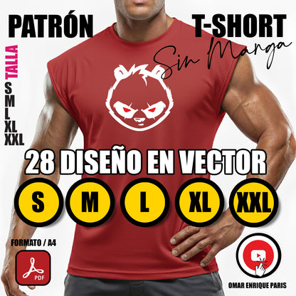 Patrón T-Shirt Sin Manga + 28 Diseños en Vector – PDF Descargable (Tallas S a XXL)