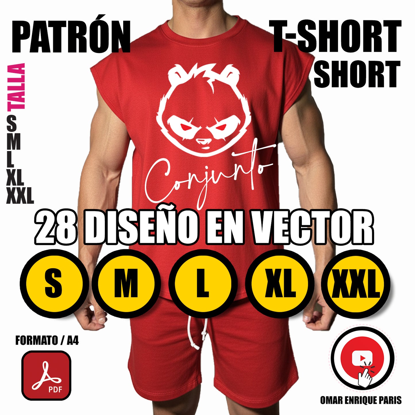 Patrón Conjunto Deportivo – T-Shirt Sin Manga + Short + 28 Diseños en Vector PDF Descargable (Tallas S a XXL)