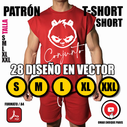 Patrón Conjunto Deportivo – T-Shirt Sin Manga + Short + 28 Diseños en Vector PDF Descargable (Tallas S a XXL)