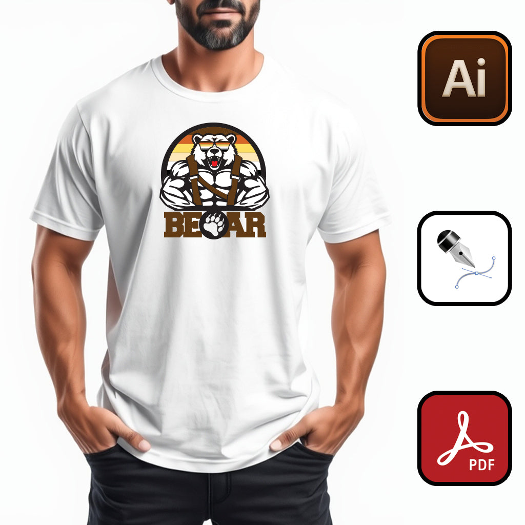 Design vectoriel "BEAR" en AI, PDF et SVG, modifiable et prêt pour impression en vinyle textile, DTF ou sublimation. Idéal pour personnaliser T-shirts, accessoires et créer des projets uniques avec un style audacieux et créatif.