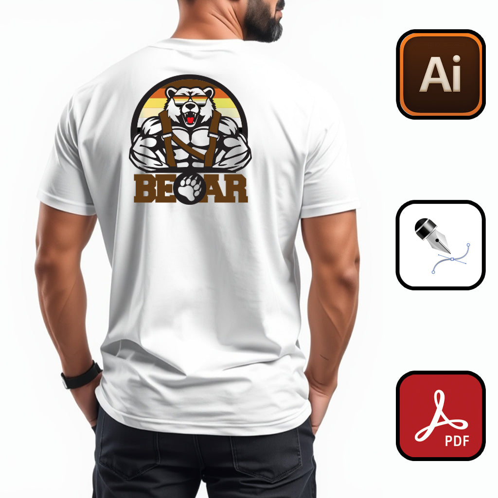 Design vectoriel "BEAR" en AI, PDF et SVG, modifiable et prêt pour impression en vinyle textile, DTF ou sublimation. Idéal pour personnaliser T-shirts, accessoires et créer des projets uniques avec un style audacieux et créatif.