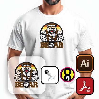 Design vectoriel "BEAR" en AI, PDF et SVG, modifiable et prêt pour impression en vinyle textile, DTF ou sublimation. Idéal pour personnaliser T-shirts, accessoires et créer des projets uniques avec un style audacieux et créatif.