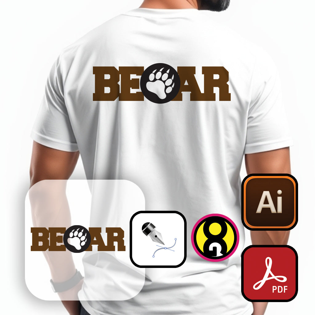 Design vectoriel "BEAR" en AI, PDF et SVG, modifiable et prêt pour impression en vinyle textile, DTF ou sublimation. Idéal pour personnaliser T-shirts, accessoires et créer des projets uniques avec un style audacieux et créatif.